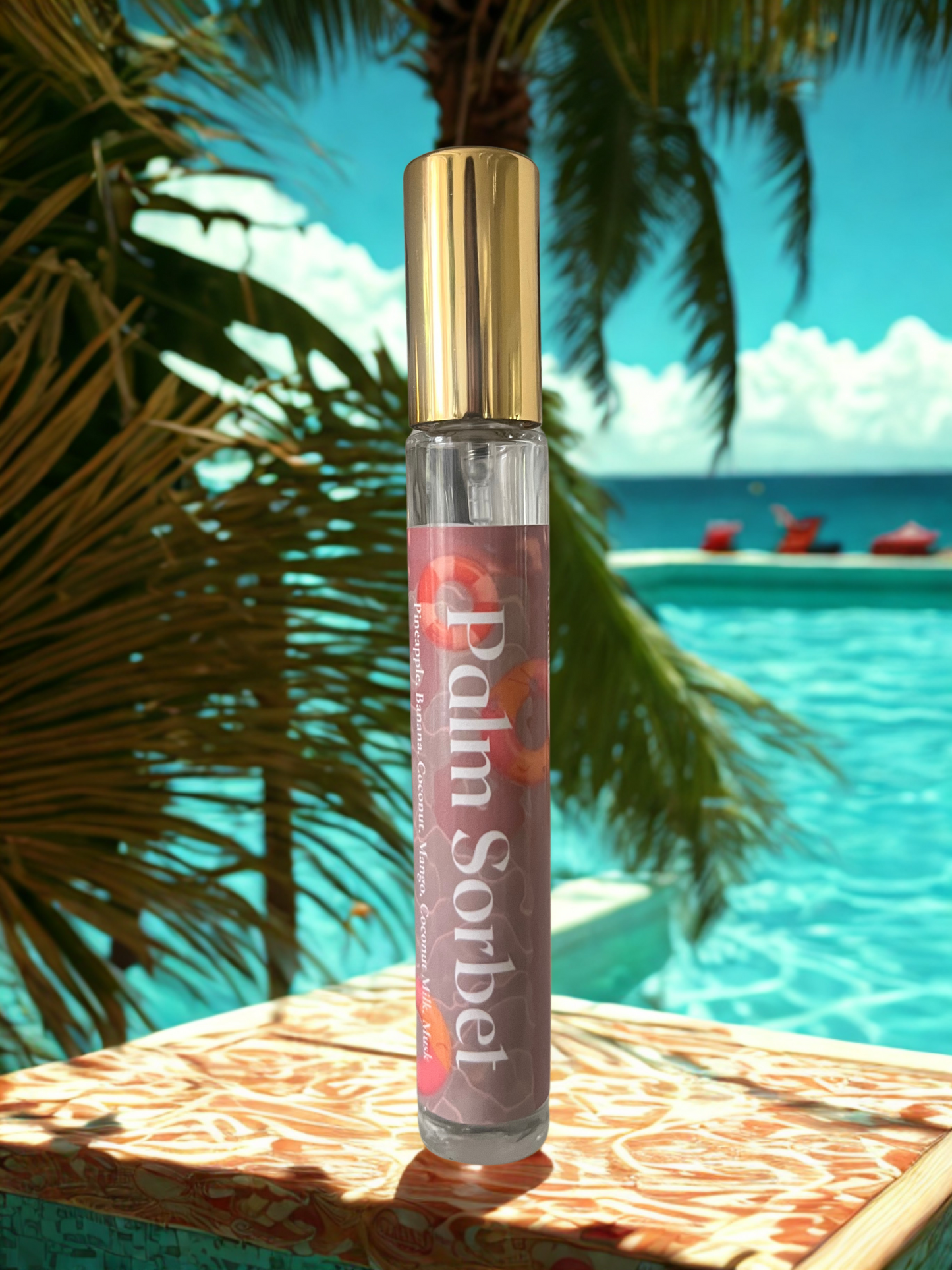 Palm sorbet perfume bottle by the poolside Palm Sorbet perfume bottle evoking a fruity, creamy, tropical glam fragrance.