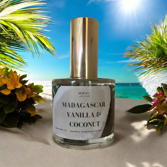 Madagascar Vanilla and Coconut  Perfume bottle on the beach with notes of coconut, vanilla and musk