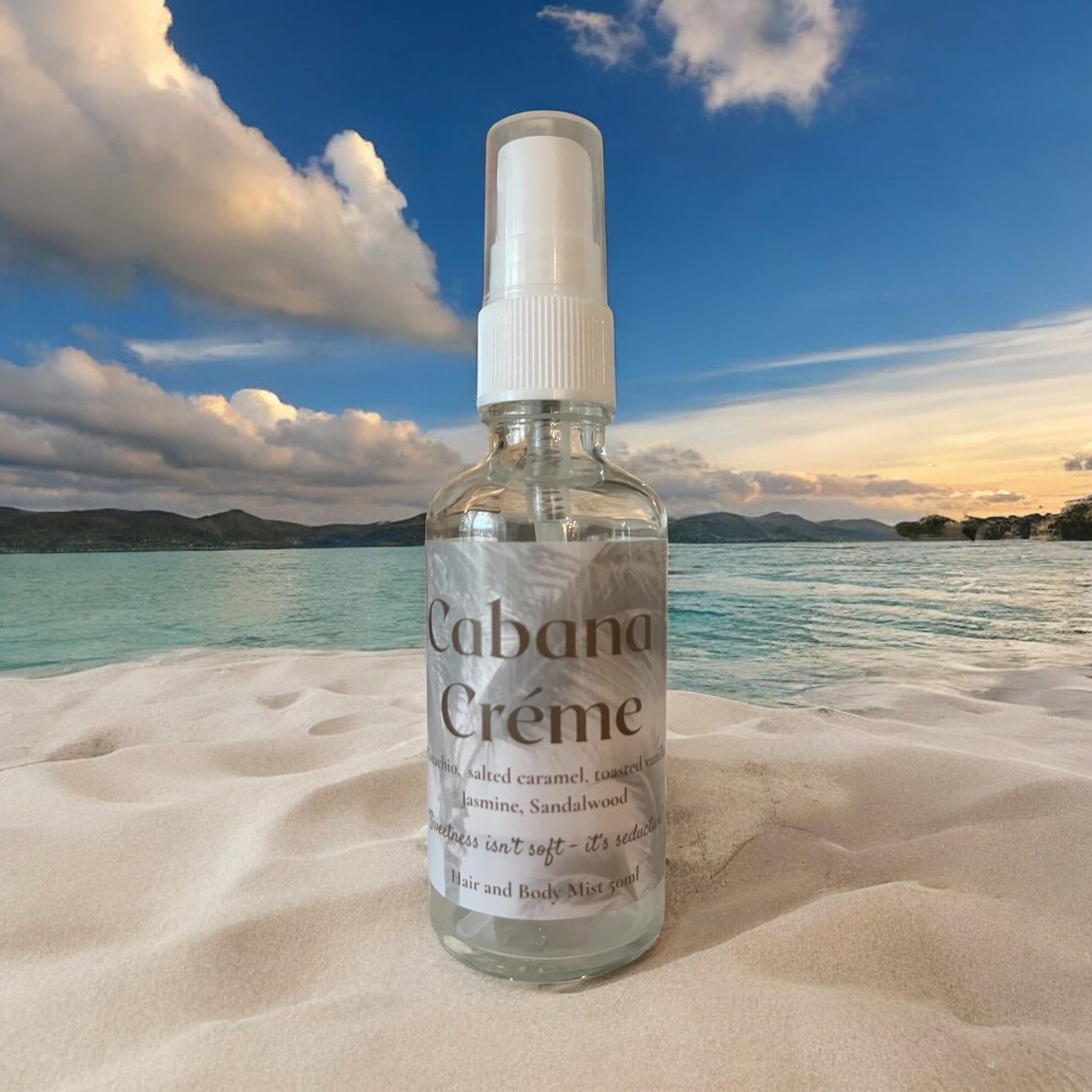 Cabana Creme Bottle of Hair and body mist with pistachio, salted caramel and toasted vanilla for a gourmand tropical escape