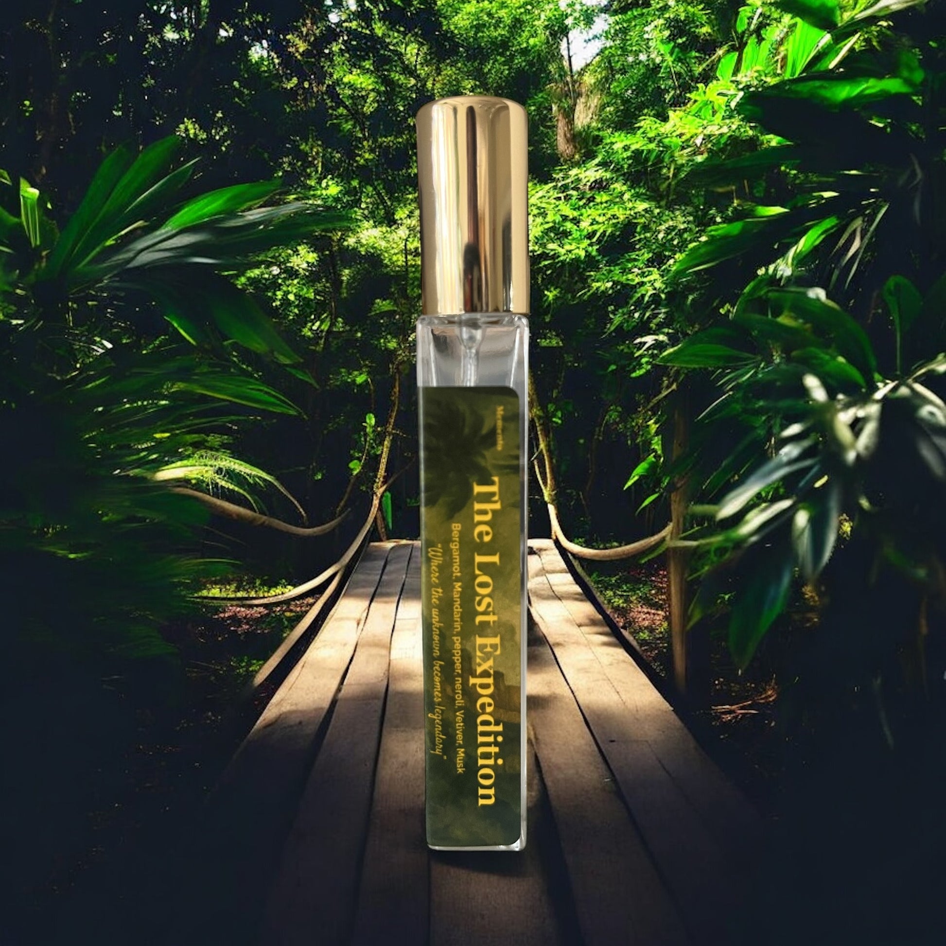 A bottle of the Lost Expedition on a wood bridge surrounded by a jungle inspired by the adventures of Indiana Jones