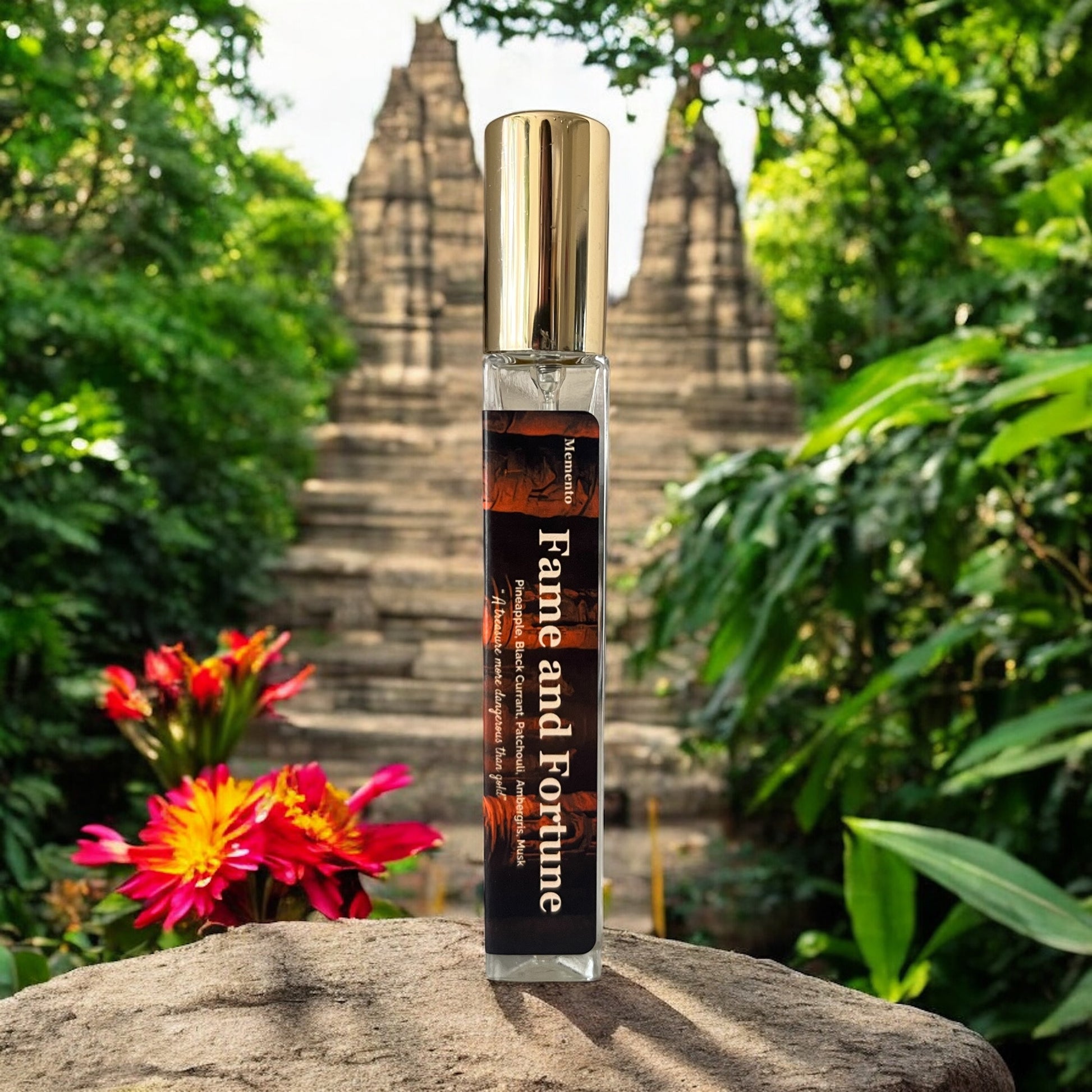 A bottle of Fame and Fortune perfume on a stone in front of a temple and jungle inspired by Indiana Jones