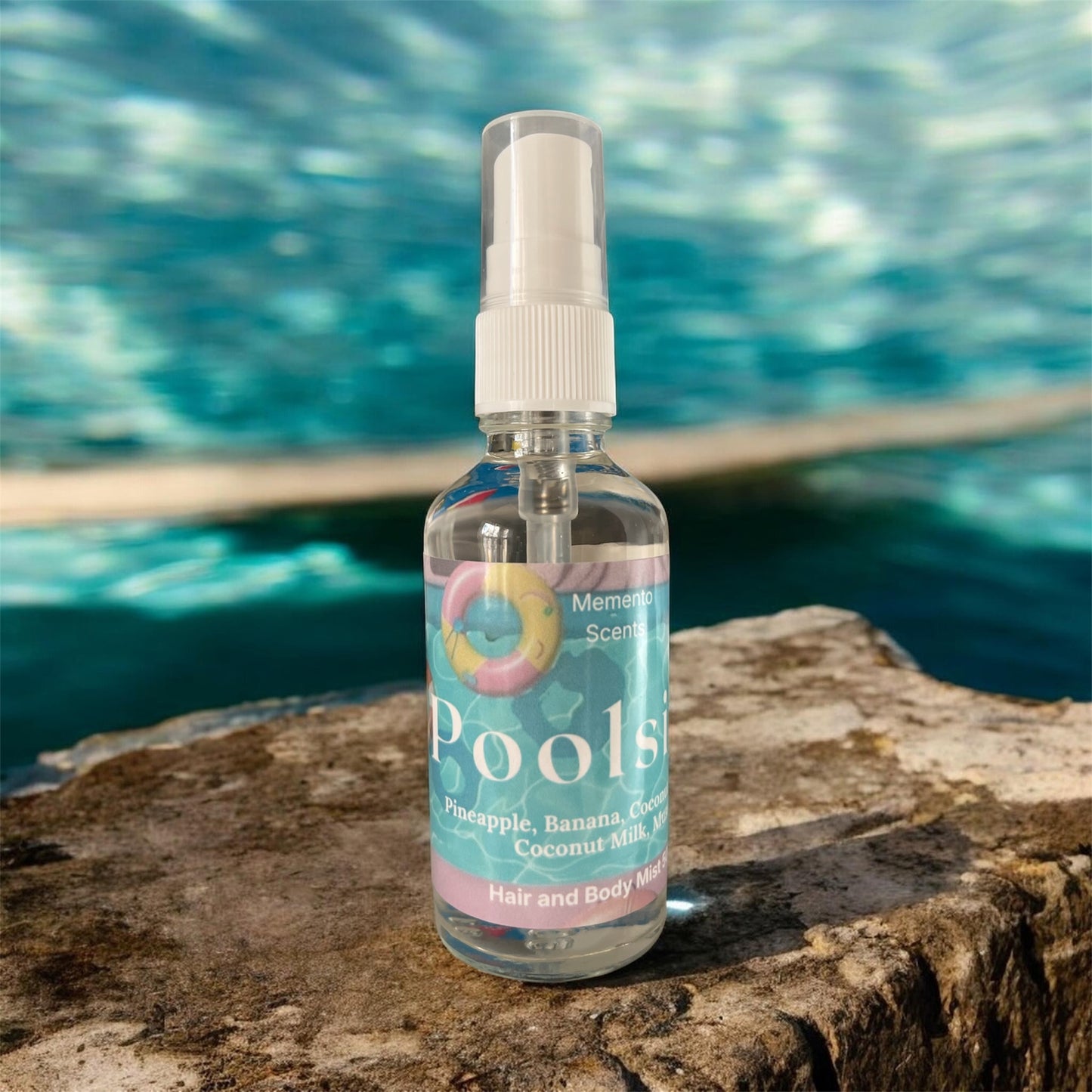 A glass spray bottle of a hair and body mist called Poolside on a stone with a watery backdrop
