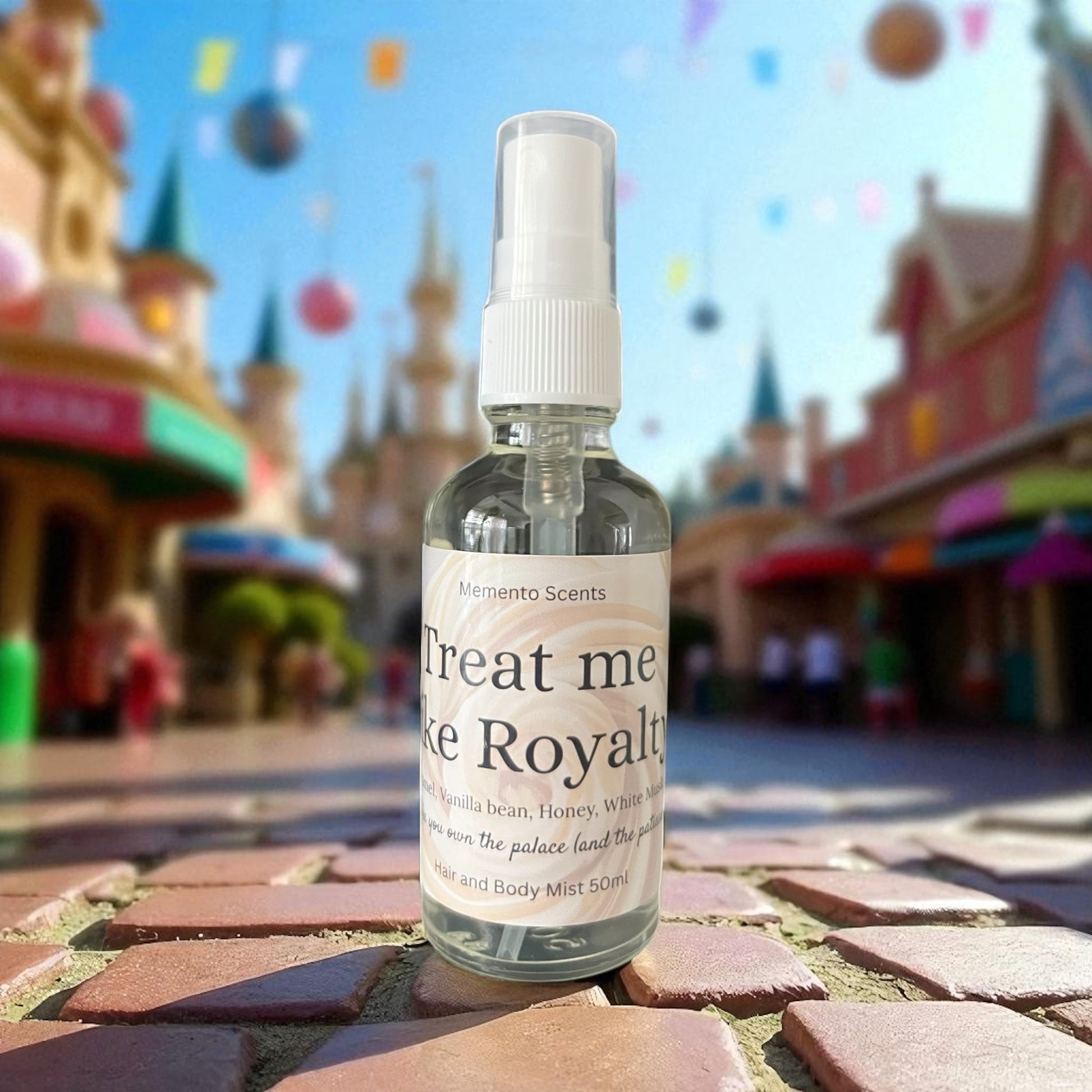 Spray bottle labeled 'Treat me like Royale' with a blurred theme park background
