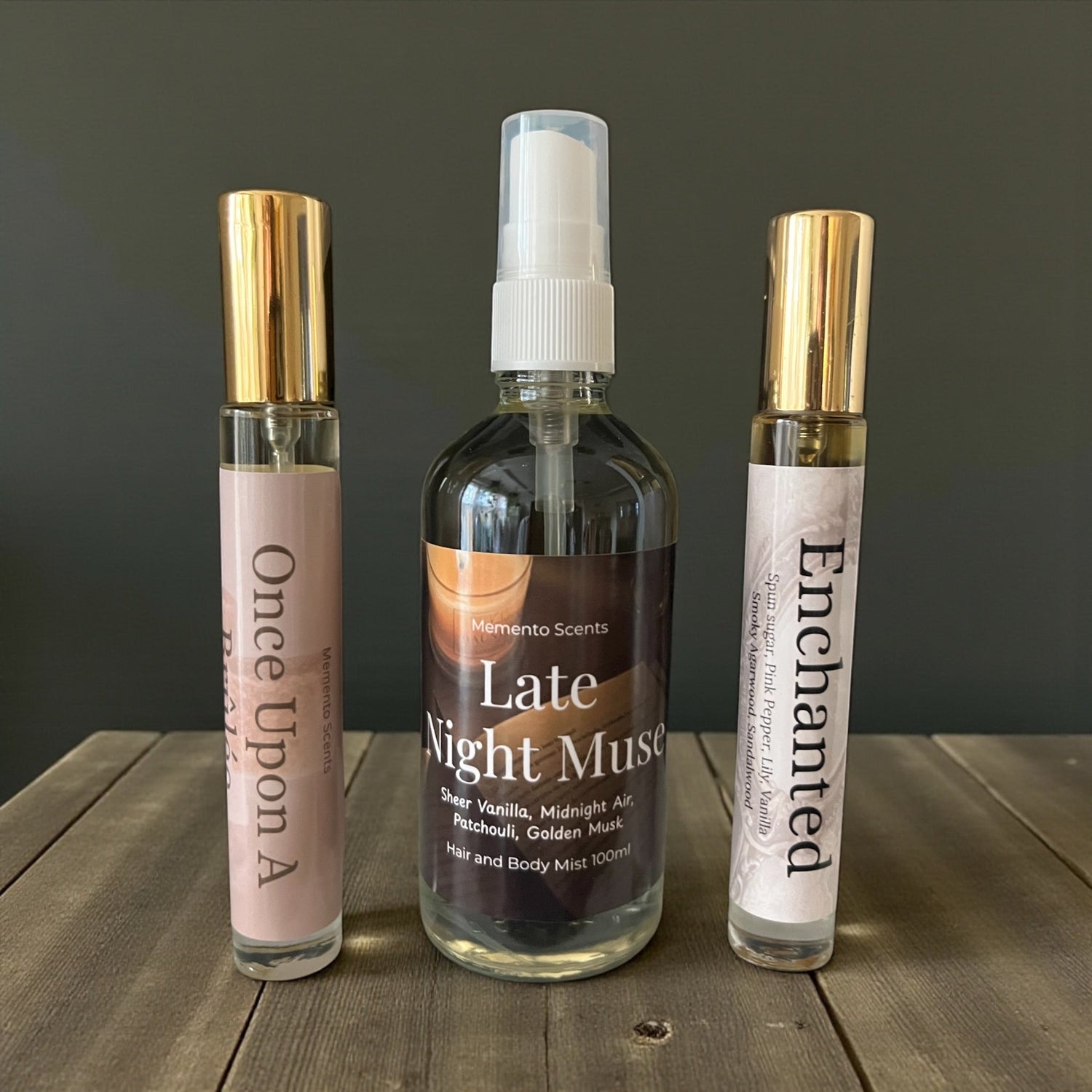 Vanilla Perfume bottles on a wooden table