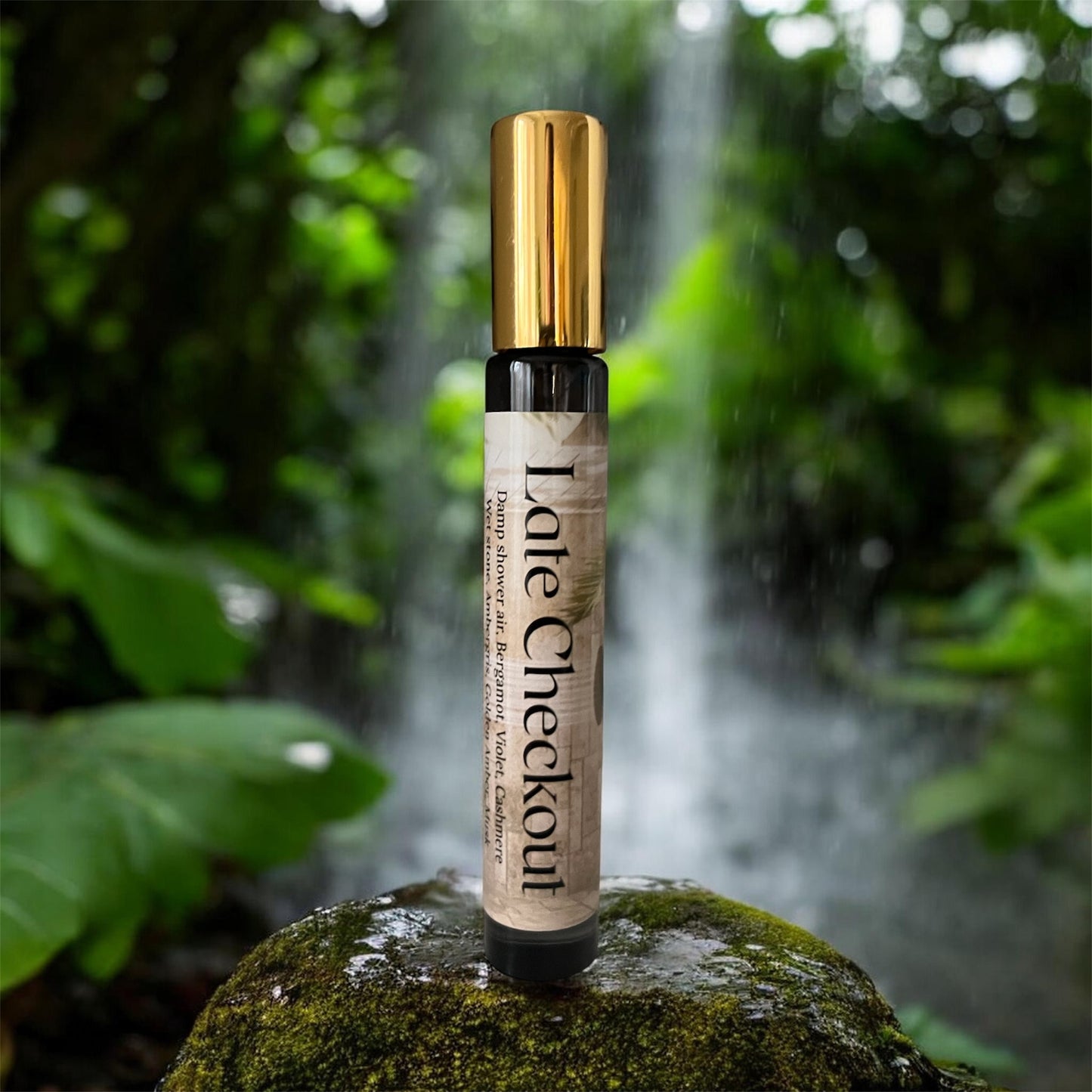 Spray bottle labeled 'Late Checkout' on a mossy rock with a waterfall in the background