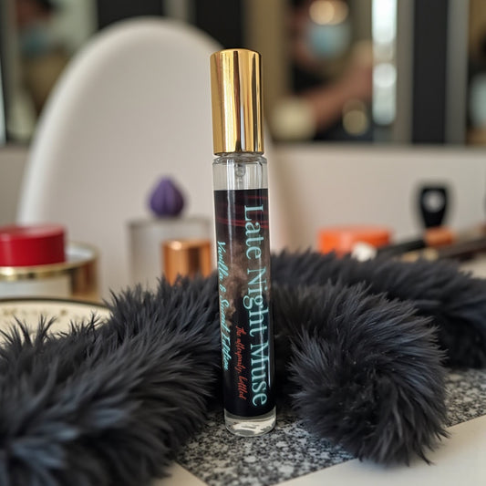 A bottle of Late Night Muse Vanilla & Sweat Edition Showgirl style