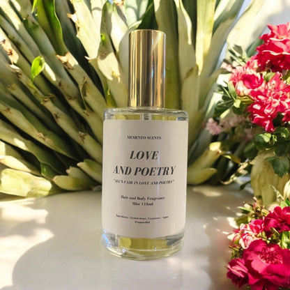 Love and Poetry hair and body mist - a romantic, floral fragrance with pineapple leaves, champagne, almond blossoms, and warm amber notes.