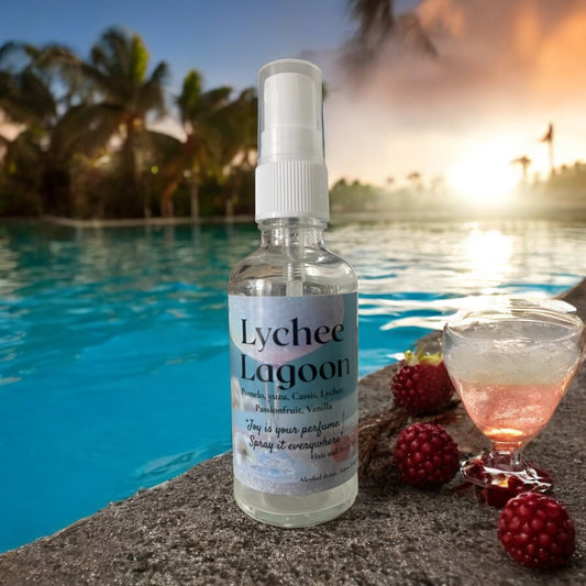 Lychee Lagoon hair and body mist a fruity lychee and tropical floral scent