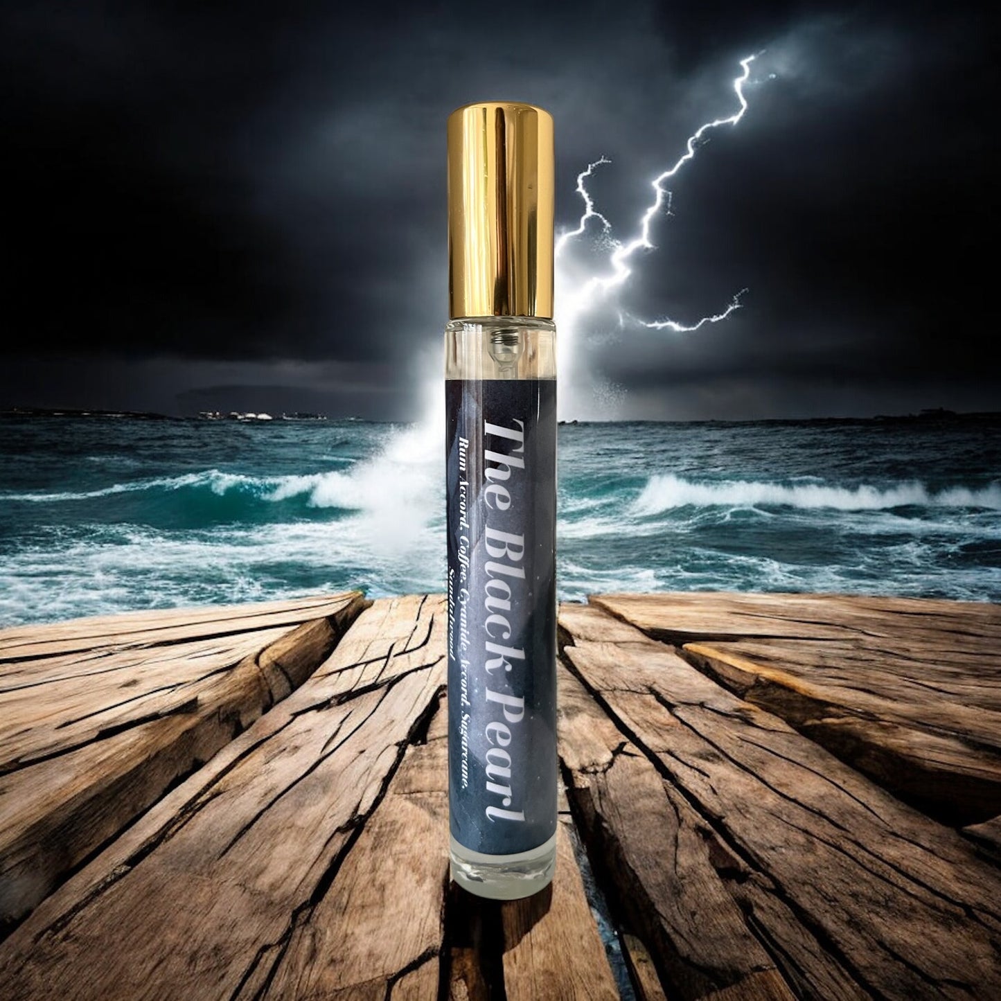 A bottle of Black Pearl perfume on a wooden plank with the stormy dark sea in the background inspired by Pirates of the Caribbean